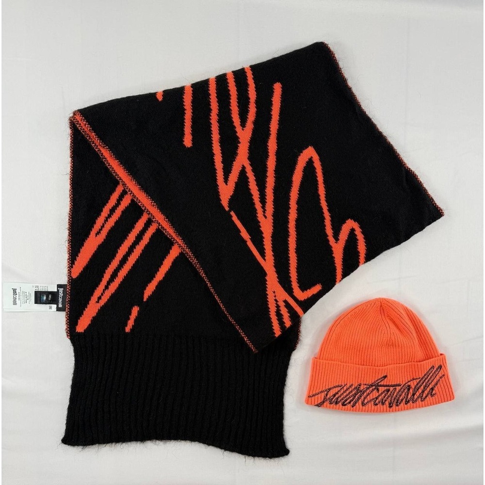 Just Cavalli Signature Logo Scarf Beanie Set Orange Black Size Small Italy